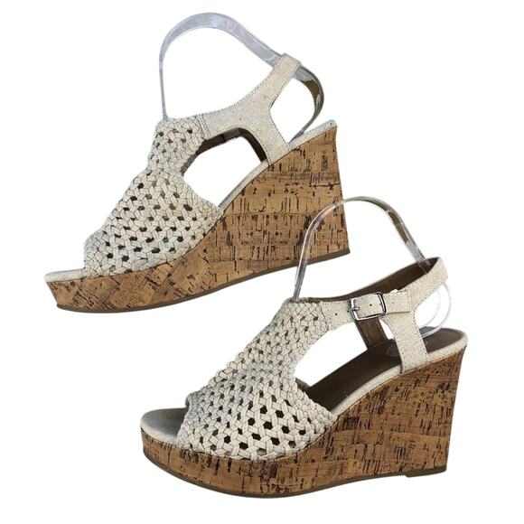 SO Natural Cream Tan Perch Basket Woven Cork Wedge Strappy Heel Sandal Shoes - Picture 2 of 11